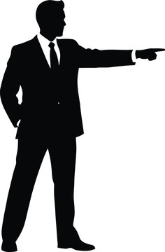 Black silhouette of a man in a suit pointing to the right