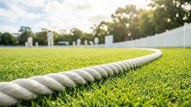 Thick boundary rope on cricket field with players in background  