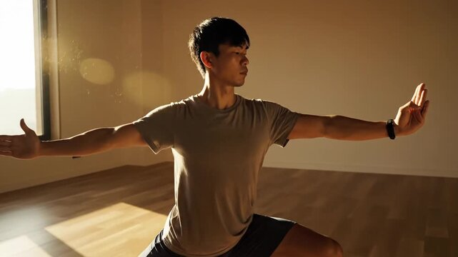 Man Practicing Tai Chi in a Bright Room.