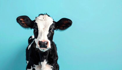 Cute black and white calf portrait against a vibrant blue background.