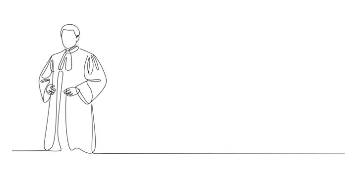 continuous line drawing of judge. single line drawing of judge standing with carrying law book.one line vector illustration. isolated white background. Man wearing toga in One continuous line drawing 