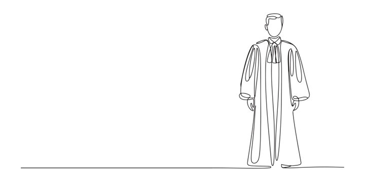 continuous line drawing of judge. single line drawing of judge standing with carrying law book.one line vector illustration. isolated white background. Man wearing toga in One continuous line drawing 