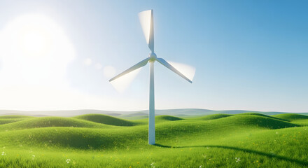 Fototapeta premium A wind turbine stands tall in a serene green landscape under a clear blue sky.