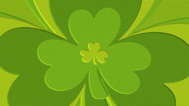 A bright vibrant repeating pattern of green lucky shamrock shapes on Irish linen textured background. This traditional Saint Patrick's Day background animation is full HD and a seamless loop.