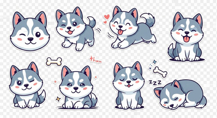 Cute Husky Puppy Cartoon Character Set with Various Poses and Expressions. © Pian