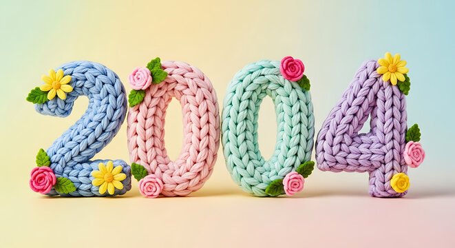Crocheted Numbers 2004 with Flowers and Leaves, Soft Pastel Colors, Birthday or Spring Celebration