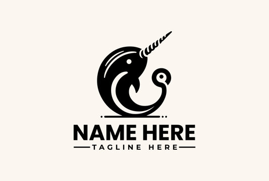 A black and white illustration of a stylized narwhal logo with a placeholder text 'NAME HERE' and 'TAGLINE HERE' on a plain beige background.