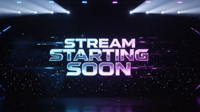 Stream starting soon neon sign with spotlights on dark background with smoke and lights seamless loop