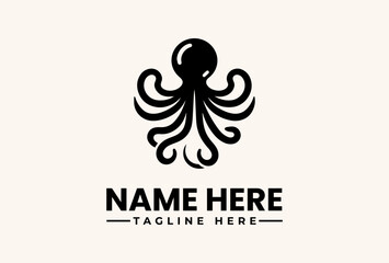 Black octopus logo vector illustration with placeholder text on a beige background, featuring a tagline and customizable name in a simple design. © vectorvovdesign