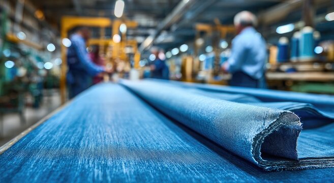 Textile Factory Production Line with Blue Fabric Rolls.