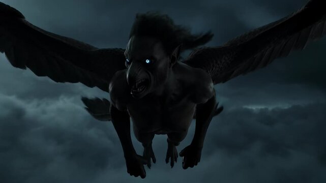 Dark winged creature with menacing glowing eyes flying ominously through cloudy night sky. powerful monster, its daunting silhouette evokes deep primal fear and dread, dominating gloomy atmosphere