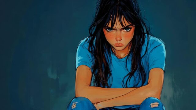 Cinematic digital illustration of young woman with long dark hair and freckles sitting with arms crossed and intense angry expression on dark blue backdrop.