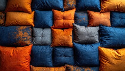 Fototapeta premium Textured wall of stacked fabric cushions in warm orange and deep blue colors.