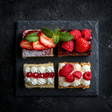 Top-down view of four square berry desserts with whipped cream and mint on a dark slate tray