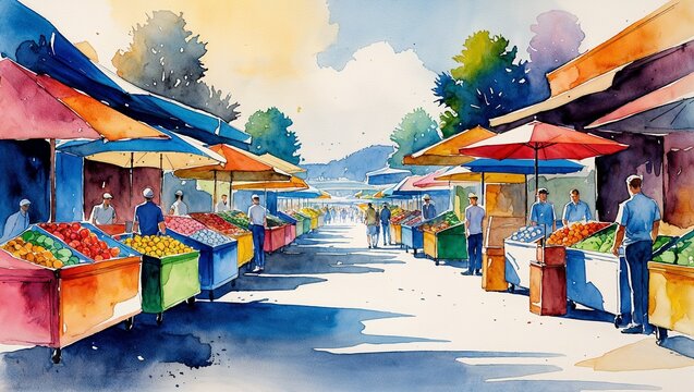 Watercolor open air market street with colorful fruit and vegetable stalls for consumer demand and local commerce concept background