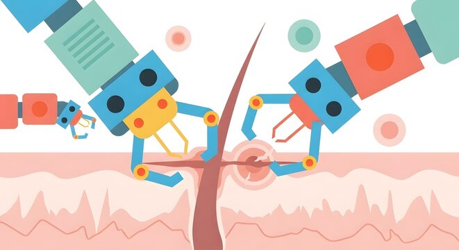 Nanobots repairing damaged skin and hair follicle medical technology illustration.