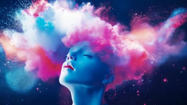 Surreal Head Exploding with Vibrant Colored Particles in Deepness of Space, Representing Creativity and Imagination