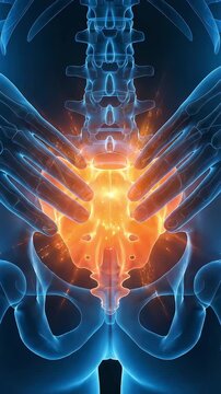 On the back of a blue skeleton model, the center of the pelvis from the sacrum to the tailbone glows intensely red, and the pain is emphasized by placing both hands on it in 3D.