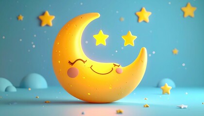 Cute smiling crescent moon with twinkling stars in a dreamy night sky.