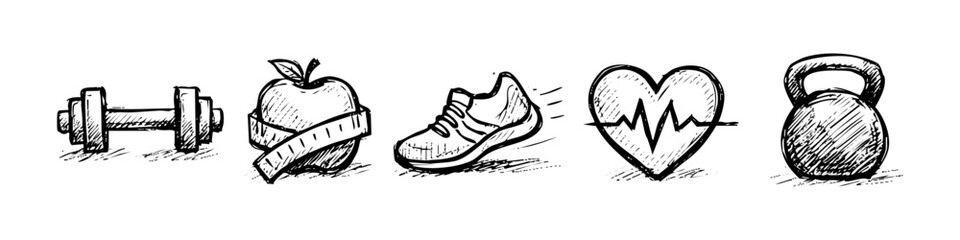Hand-drawn fitness and health icons set featuring a dumbbell, apple with measuring tape, running shoe, heart pulse, and kettlebell. Artistic black ink sketch style on a white background. © Nort Kor