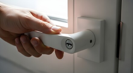 Naklejka premium Close Up Hand Locking Modern White Door Handle with Natural Light