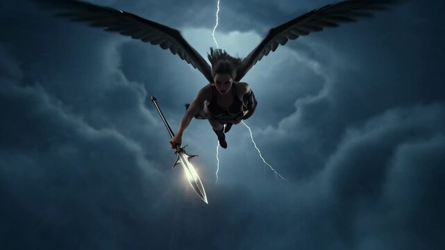 Winged warrior soaring dark stormy sky, powerful female grips glowing sword. magnificent mythical creature navigates night amidst swirling ominous clouds, its body emitting faint light, evoking