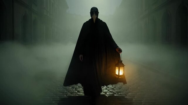 Dark figure, long cloak, navigates misty cobblestone street. Glowing lantern casts deep shadows, an eerie atmosphere. Solitude and profound mystery define historical, suspenseful journey