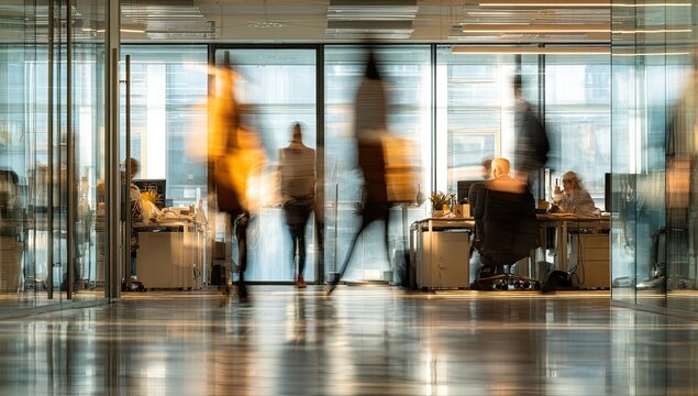 Blurred motion of people working in a modern office environment.