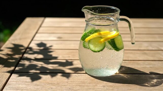 A glass pitcher filled with water, lemon slices, and cucumber rests on a wooden table outdoors under sunlight, casting leafy shadows.