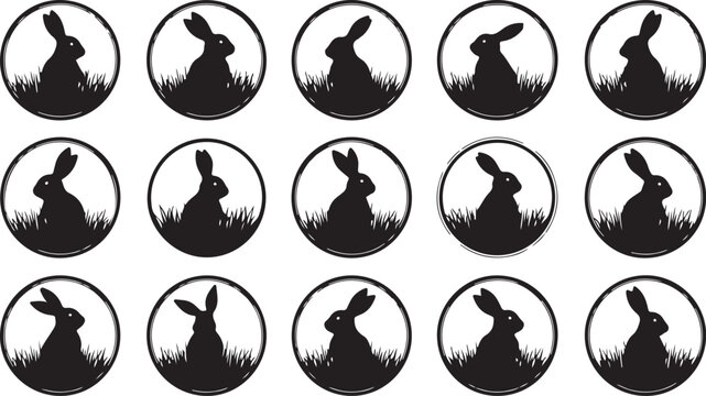Set of rabbit silhouettes in circles on white background