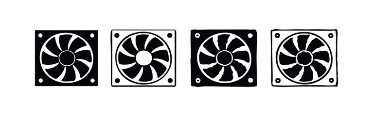Set of black and white icons of a computer cooling fan or exhaust fan.