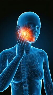 Medical CG of a head anatomy diagram showing temporomandibular joint disorder and severe toothache