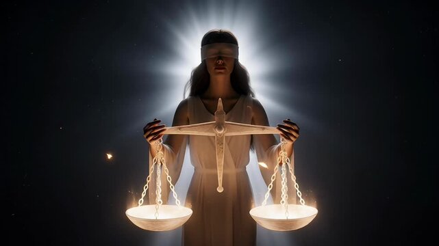 Solemn silhouette with perfectly balanced scales, radiating powerful celestial glow. Unwavering pursuit of justice, embodying impartial fairness, legal ethic, and core principle. Symbol of law, order