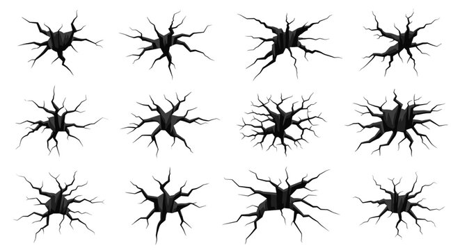 Set of various realistic ground cracks and dark deep holes showing depth and damaged surface textures on a white background.