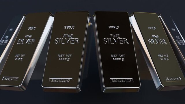 Beautiful rotating 999 fine silver bars with glossy reflections. Ideal for finance, commodity and investment visuals. Seamless loop animation, part of series.