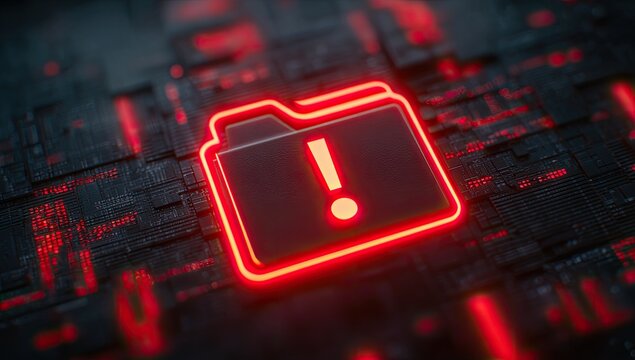 Glowing Red Folder Icon with Exclamation Mark on Digital Background.
