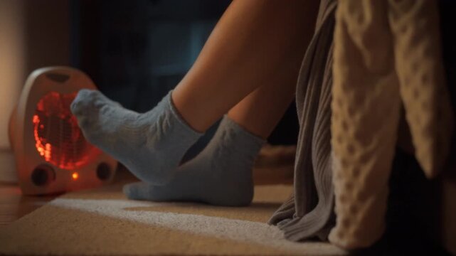 Young girl cozies up sofa, warming her feet with warm socks, as portable infrared heater glows floor, circulating warm air throughout house, with thermostat regulating electricity for optimal heating