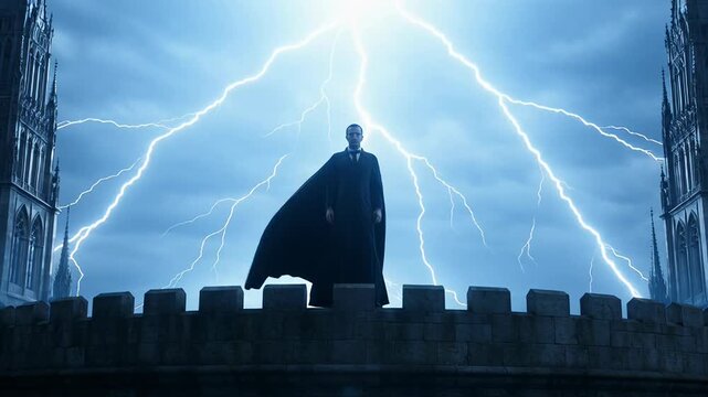 Powerful silhouette person, dark cape, stands on formidable castle battlements. Dramatic lightning storm illuminates night sky. Intense, mysterious scene conveys strength, vigilance in dark world