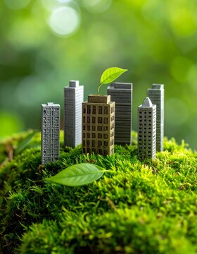 Miniature buildings on moss, one has a leaf growing. Bokeh background