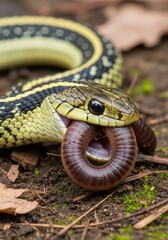 Fototapeta premium Reptilian predator consuming a coiled invertebrate on the forest floor