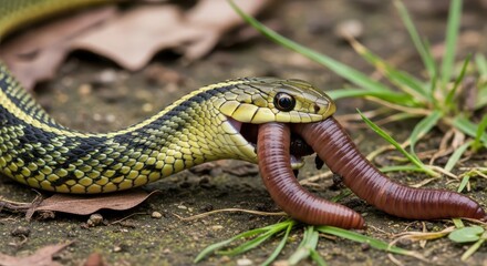 Obraz premium Slender reptile consuming long terrestrial annelid in natural outdoor setting