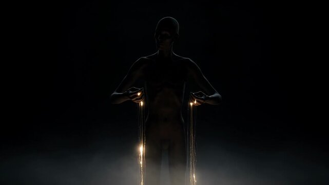 Powerful silhouette man standing in darkness, holding an object emitting captivating light glow. Mysterious dramatic figure conveys strength, evoking solemn awe for an unknown future