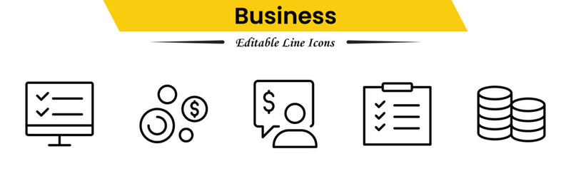 Fototapeta premium Business icons depicting strategy, management, teamwork, meetings, planning, charts, reports, growth, goals, productivity, leadership, collaboration, finance, and organization. 