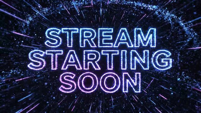 Futuristic stream starting soon neon animation with glowing blue text and particle effects on dark background seamless loop