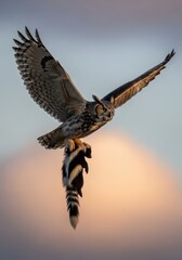 Large predatory bird carries captured small mammal prey while flying against a softly lit sky