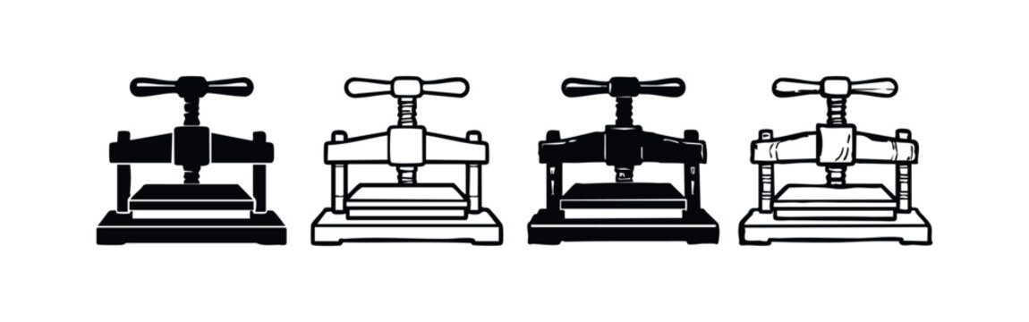 Industrial Screw Press and Clamping Machine Black and White Vector Icon Set