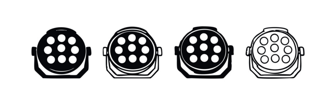 Stage lighting par can projector icons in various styles for event and entertainment design.