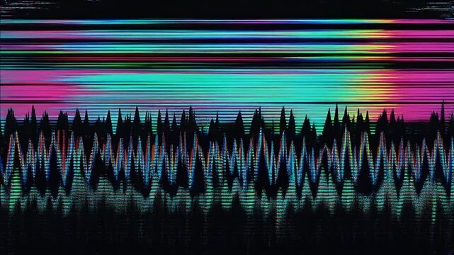 Dynamic waveform visualization with vibrant gradient colors illustrating energy flow in an abstract environment, viewed from a centered perspective