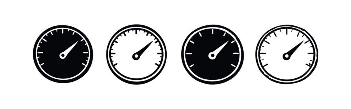 Minimalist speedometer and gauge icon collection. Speed, level, and performance indicator vector in monochrome.