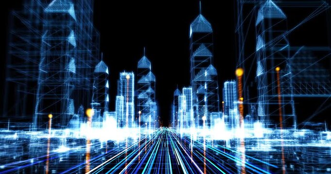 Futuristic digital city wireframe and glowing planet earth globe. Technology Related 3D Animation.